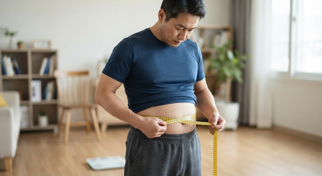 줄자로 허리둘레를 재는 중년 남성